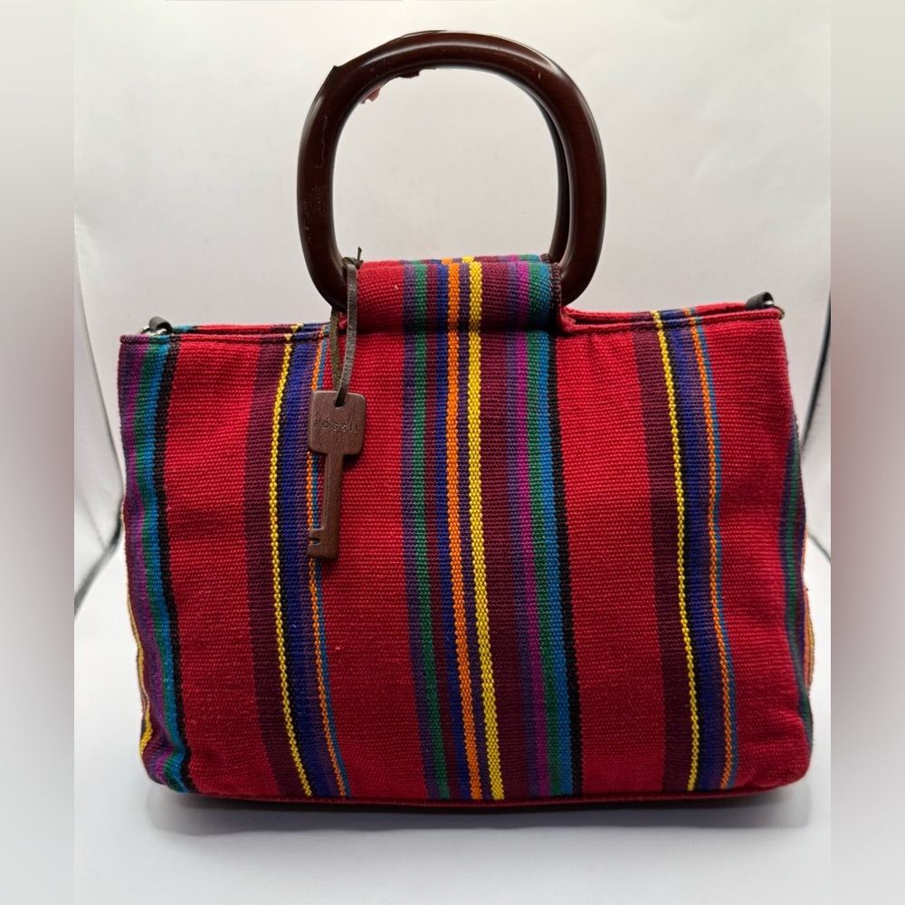 Fossil red multicolor woven handbag with wooden ring handles might missing strap - Picture 5 of 10